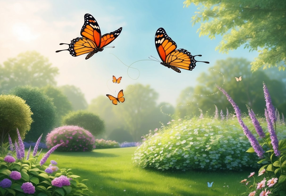 A gentle breeze blows through a peaceful garden, where two graceful butterflies flutter and dance together in perfect harmony