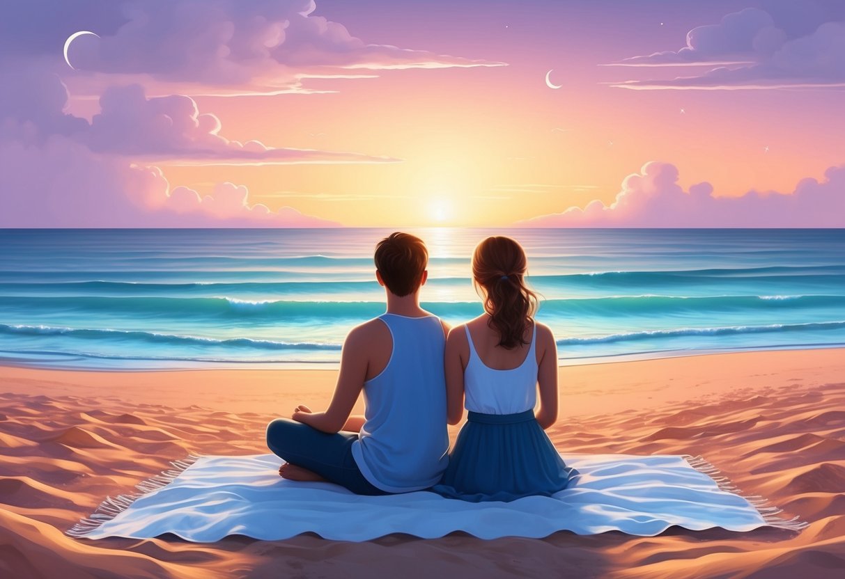 A serene beach at sunset, with a Libra and Cancer sitting side by side, gazing at the horizon with a sense of calm and understanding