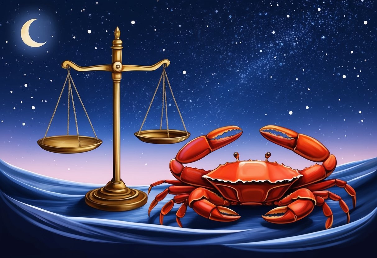 A balanced scale and a protective crab nestled together under a starry night sky