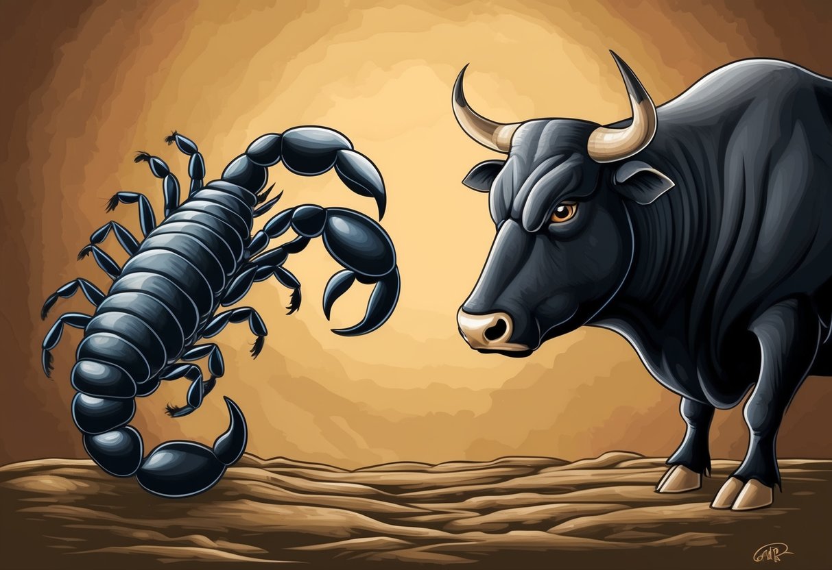 A scorpion and a bull stand face to face, their intense gazes locked in a moment of silent understanding.</p><p>The earthy colors of the background reflect their grounded nature