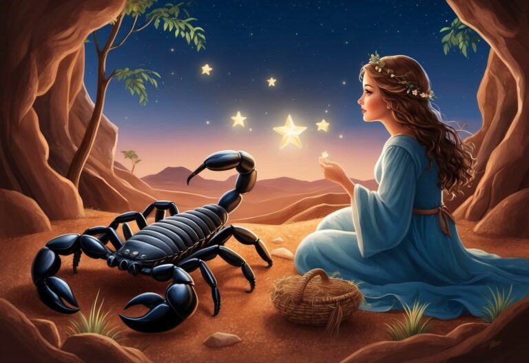 Woman with stars, scorpion, and basket in a desert cave setting