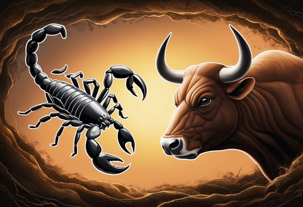 A scorpion and a bull face each other, surrounded by earthy tones and intense energy