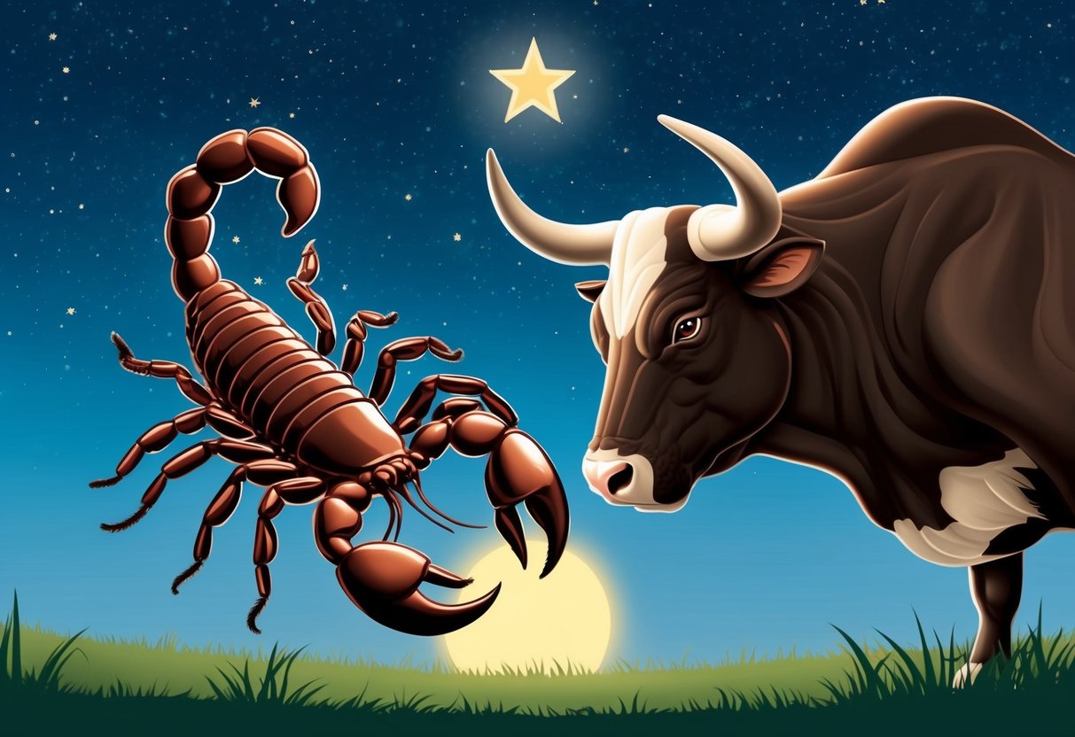 A scorpion and a bull facing each other under a starry sky