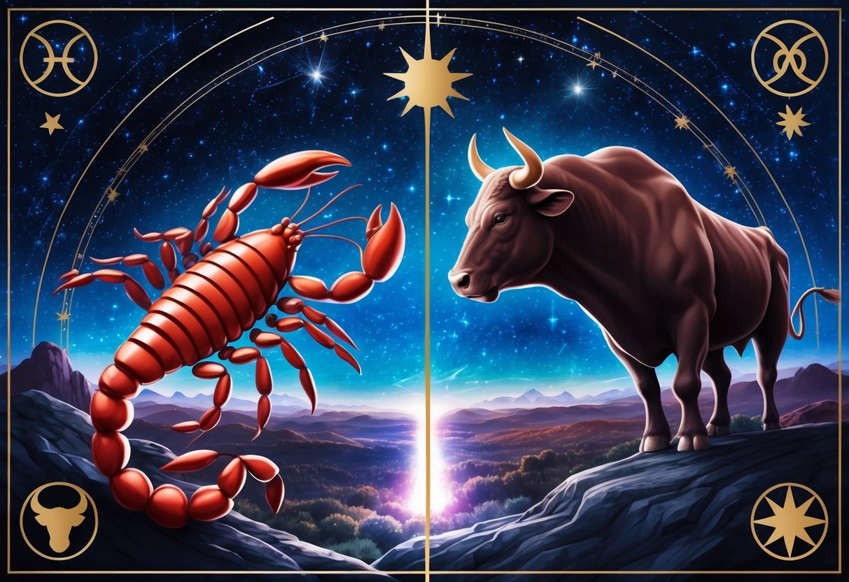 A scorpion and a bull facing each other in a cosmic landscape, with stars and zodiac symbols surrounding them