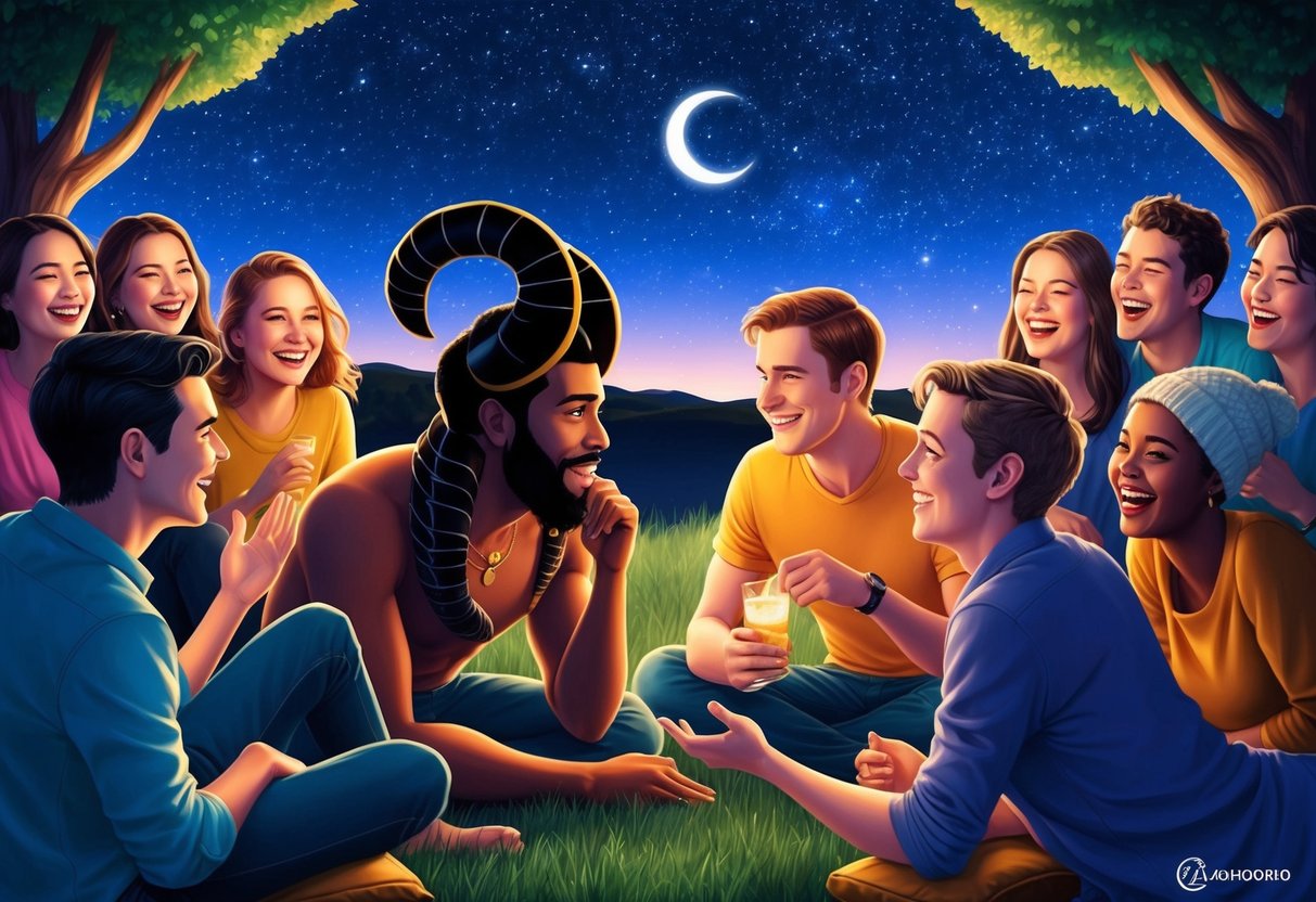 A Scorpio and Aquarius sharing a deep conversation under the night sky, surrounded by a circle of friends laughing and enjoying each other's company