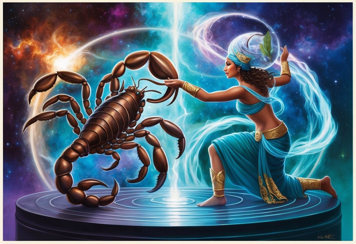 A scorpion and water bearer face off in a cosmic dance, their energies entwining in a mesmerizing display of passion and rebellion