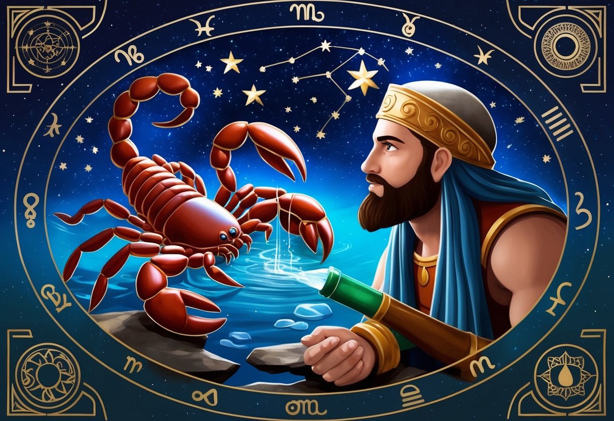 A scorpion and water bearer gaze at the stars, surrounded by zodiac symbols and celestial patterns