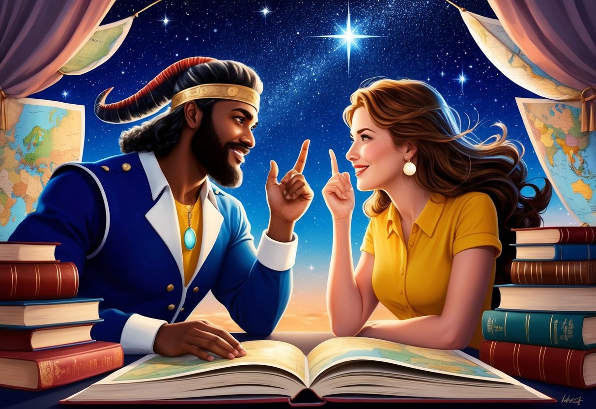 A dynamic Sagittarius and Gemini engage in lively conversation under a starry sky, surrounded by books and maps