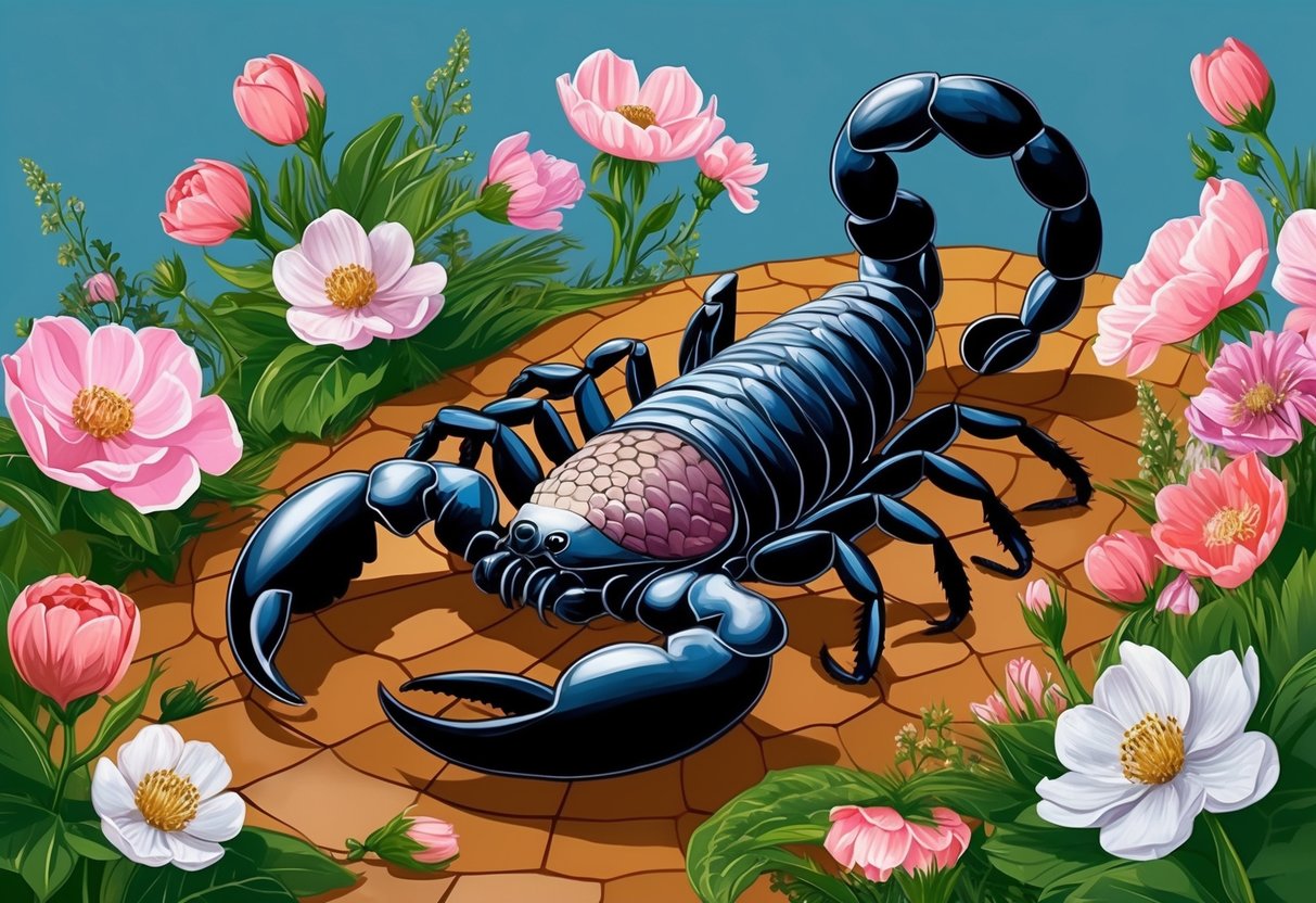 A scorpion and scales surrounded by blooming flowers