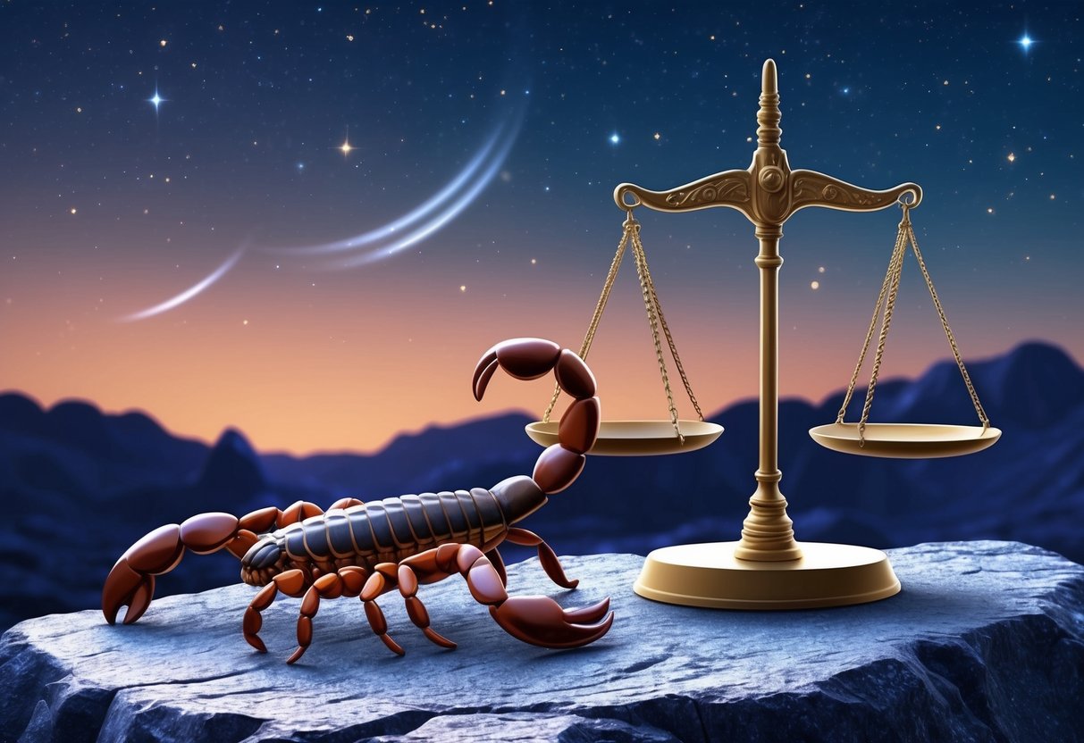 A scorpion and a scale balanced on a rocky surface under a starry sky