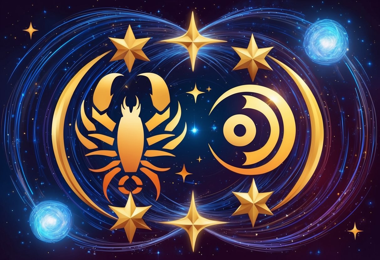 A Scorpio and Libra zodiac symbol surrounded by swirling stars and cosmic elements