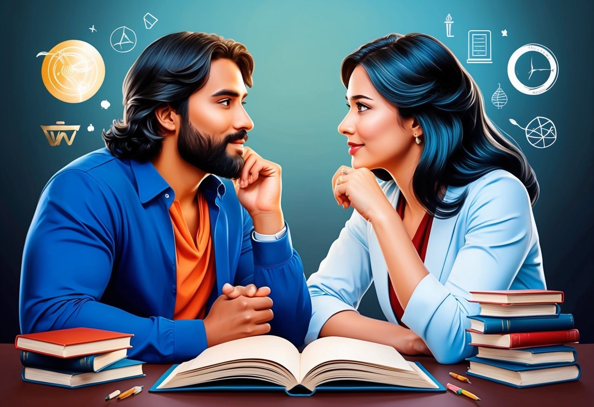 A Sagittarius and Virgo engaged in a deep conversation, surrounded by books and intellectual symbols