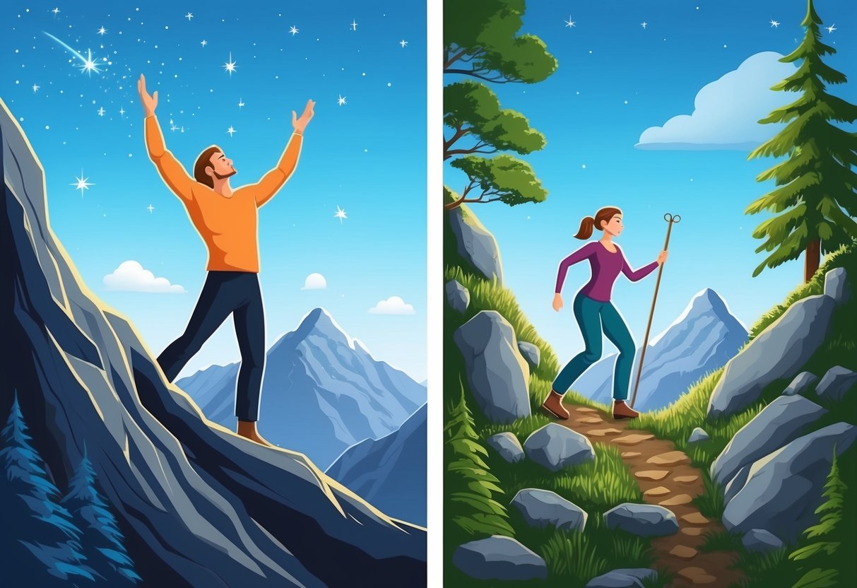 A Sagittarius and Virgo standing on opposite sides of a mountain, each facing their own set of obstacles.</p><p>The Sagittarius is reaching for the stars, while the Virgo is carefully navigating a path through the rocks and trees