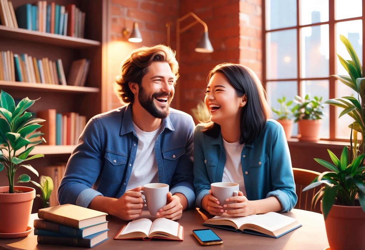 A Sagittarius and Virgo laughing together at a cozy cafe, surrounded by books and plants, enjoying each other's company