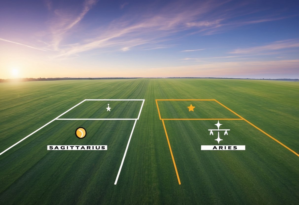 A spacious, open field with two distinct areas, one for Sagittarius and one for Aries, each marked by their unique symbols and colors