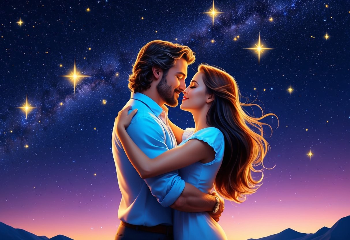 A passionate embrace under the stars, with a fiery energy and adventurous spirit, symbolizing the sexual compatibility and intimacy between Sagittarius and Aries