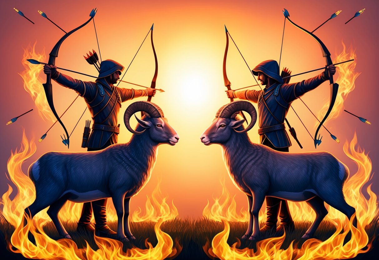 A fiery archer and ram stand back-to-back, facing opposite directions.</p><p>They are surrounded by arrows and flames, symbolizing their dynamic and passionate relationship