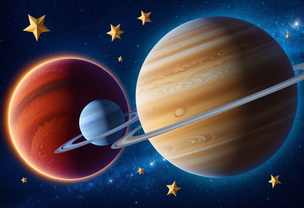 A fiery red planet (Mars) and a large, swirling gas giant (Jupiter) are surrounded by stars, symbolizing the influence of Sagittarius and Aries compatibility