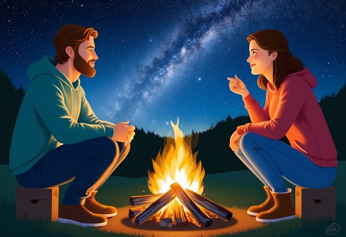 A Sagittarius and Cancer sit under a starry sky, sharing deep conversation by a crackling campfire.</p><p>Their body language shows comfort and mutual understanding