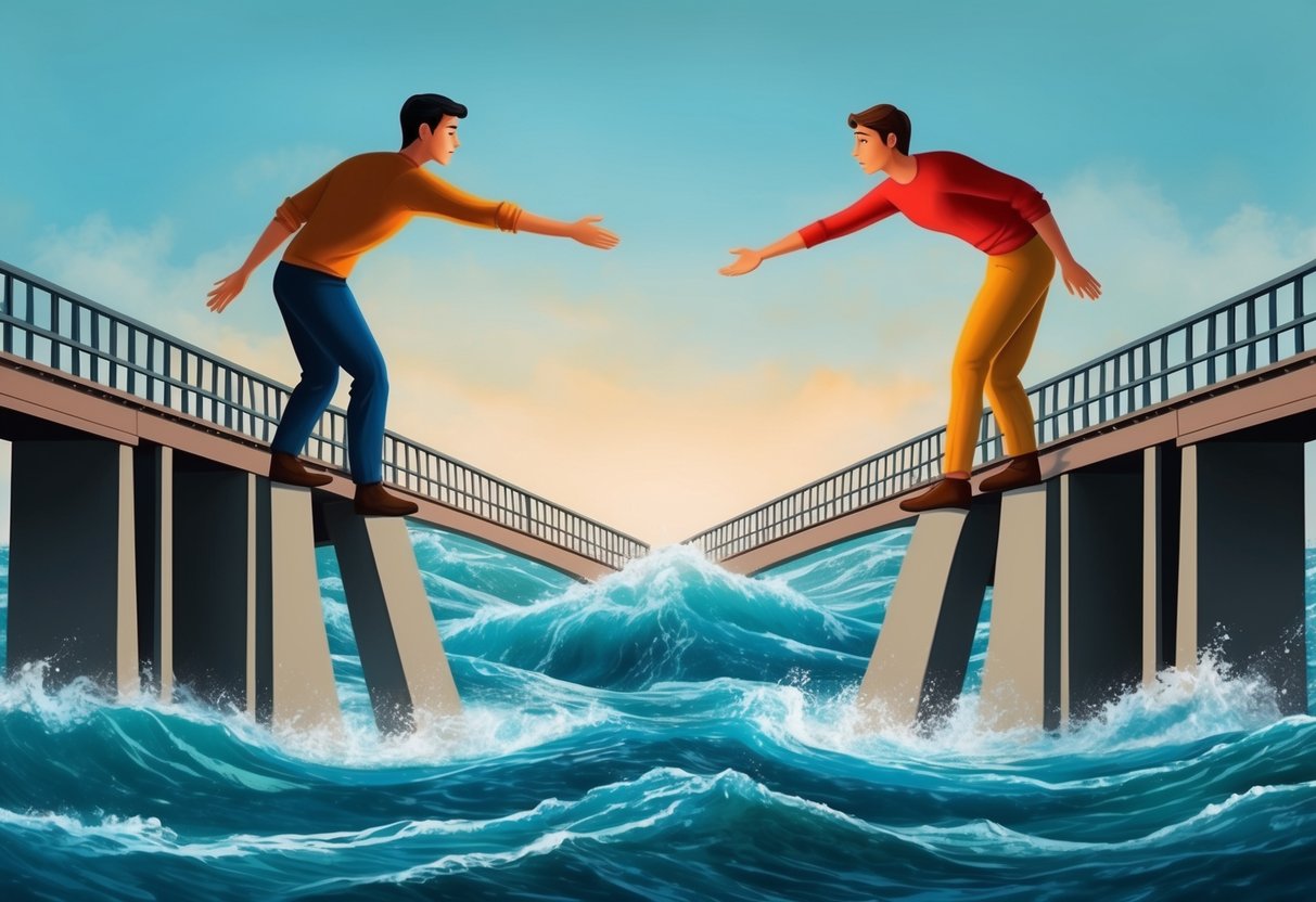 Two figures standing on opposite sides of a bridge, reaching out to each other across a turbulent river