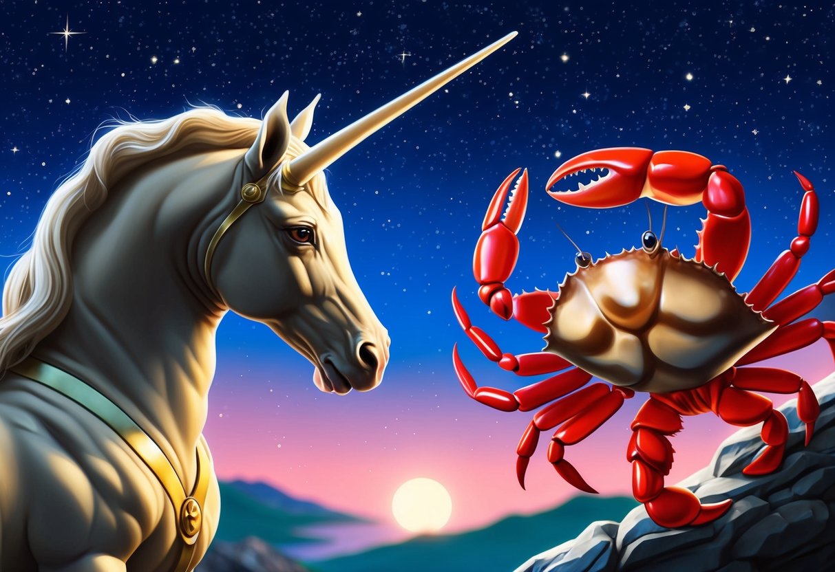 A centaur and a crab facing each other under a starry sky