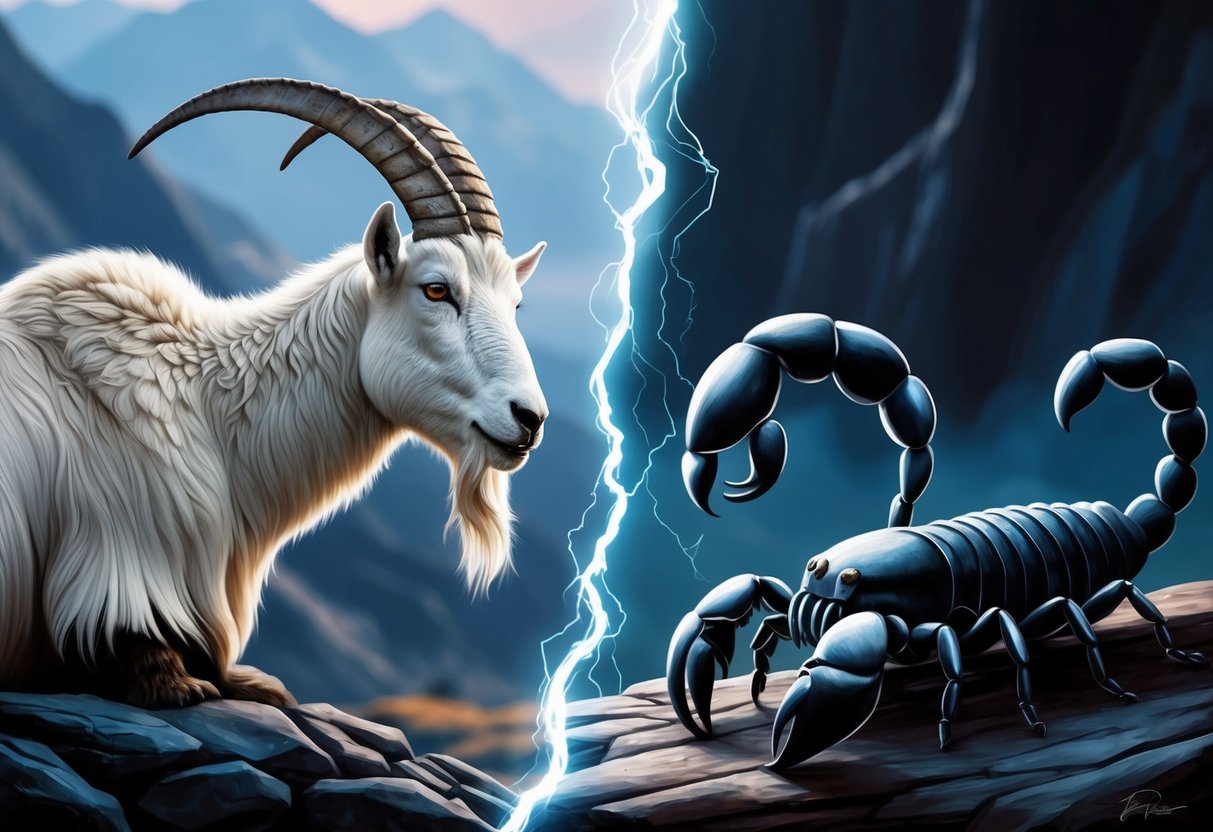 A stoic mountain goat and a mysterious scorpion face each other, their contrasting energies creating an intense atmosphere