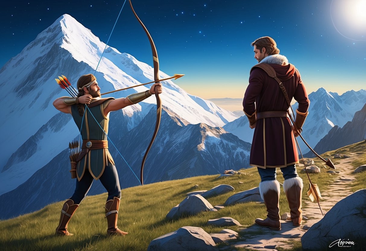 A Sagittarius shoots an arrow towards a mountain, while a Capricorn stands at the peak, looking down at the path ahead