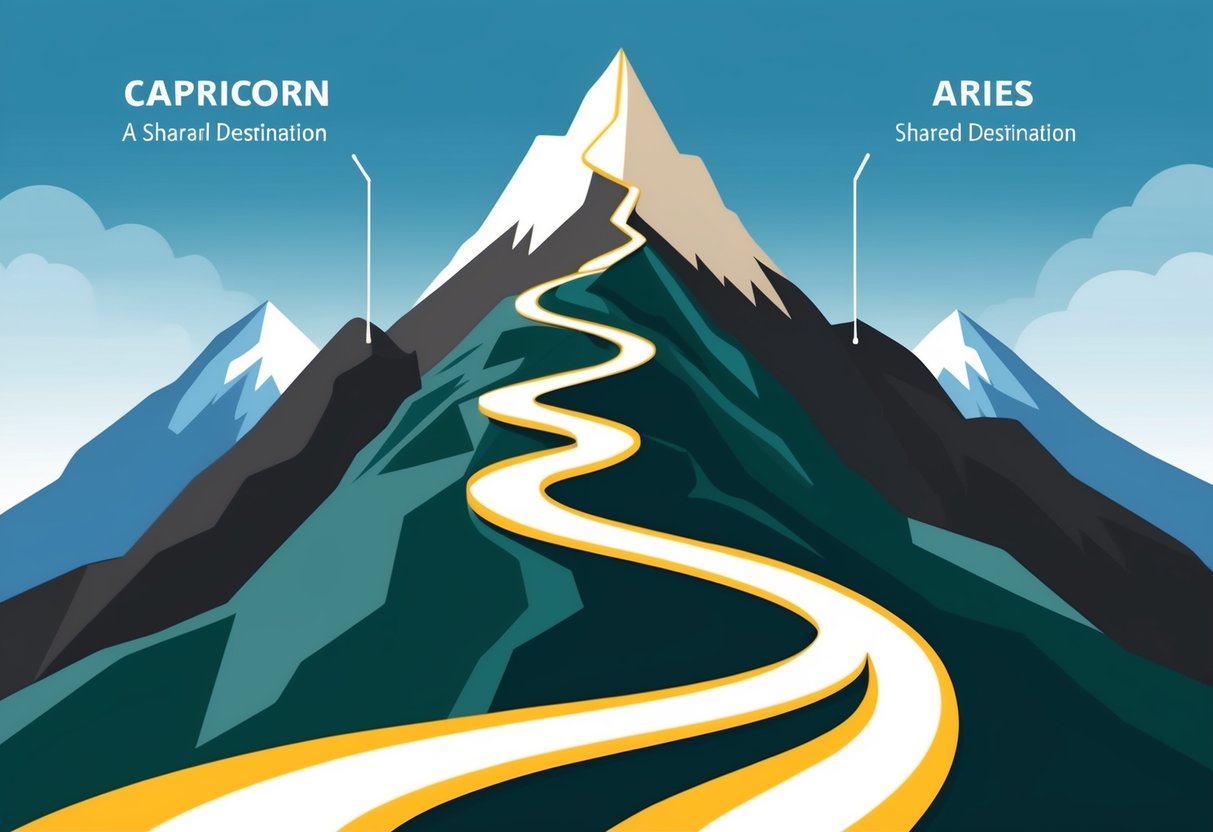 A mountain peak with a winding path leading to a shared destination, symbolizing the alignment of values and goals between Capricorn and Aries