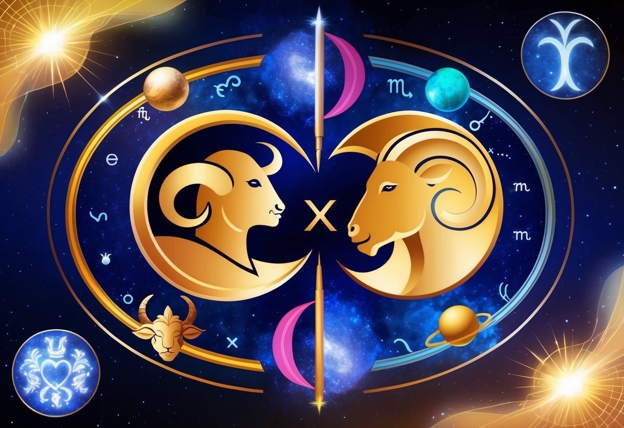 A Capricorn and Aries symbol surrounded by celestial elements and zodiac imagery