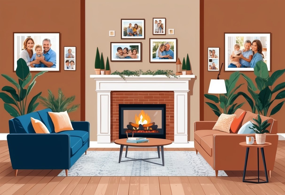 A cozy living room with a fireplace, family photos on the wall, and a warm, inviting atmosphere