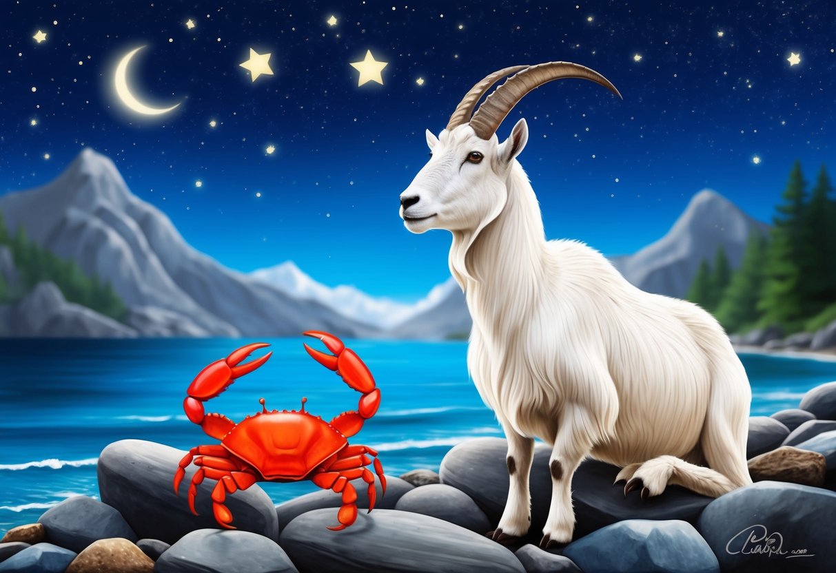 A mountain goat and a crab perched on a rocky shoreline, gazing at the stars above