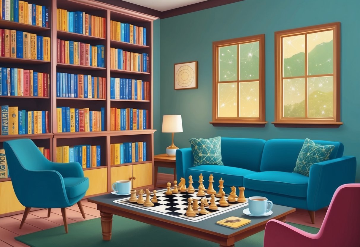 A cozy living room with a bookshelf filled with astrology books, two mugs of tea on a table, and a game of chess in progress