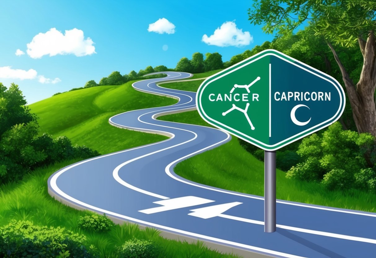 A winding road with a Cancer and Capricorn symbol at a crossroads, surrounded by lush greenery and a clear blue sky