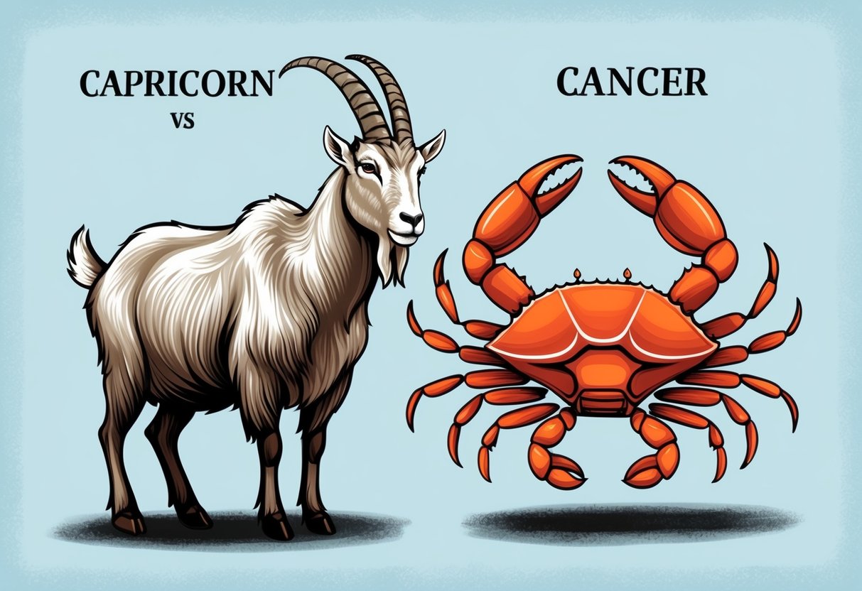 A mountain goat and a crab stand back to back, symbolizing the compatibility between Capricorn and Cancer.</p><p>The goat looks determined, while the crab appears protective