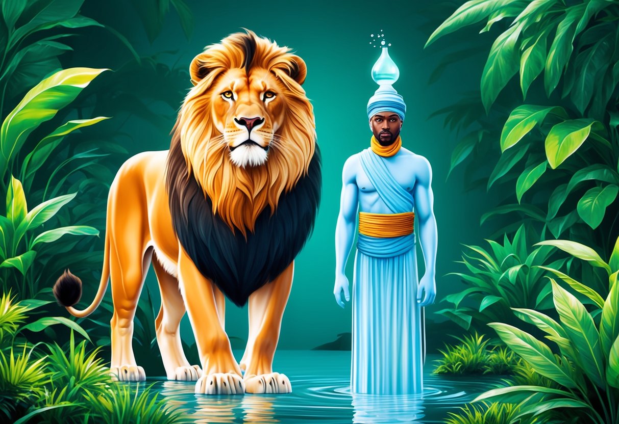 A lion and a water bearer stand side by side, surrounded by vibrant and lush greenery.</p><p>The lion exudes confidence and strength, while the water bearer emanates a sense of calm and serenity