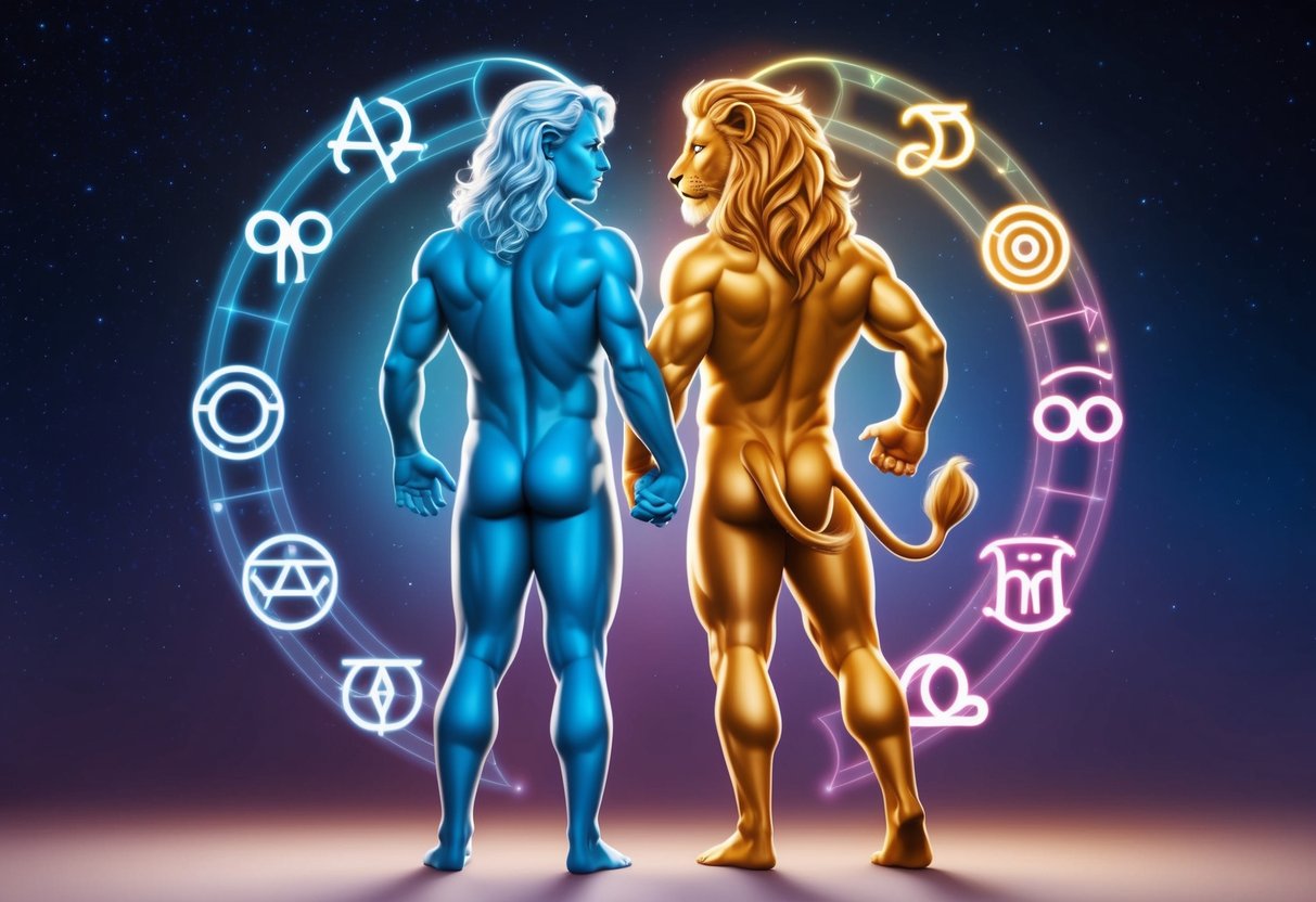 An Aquarius and Leo standing back to back, each surrounded by their respective zodiac symbols, as their auras blend and intertwine