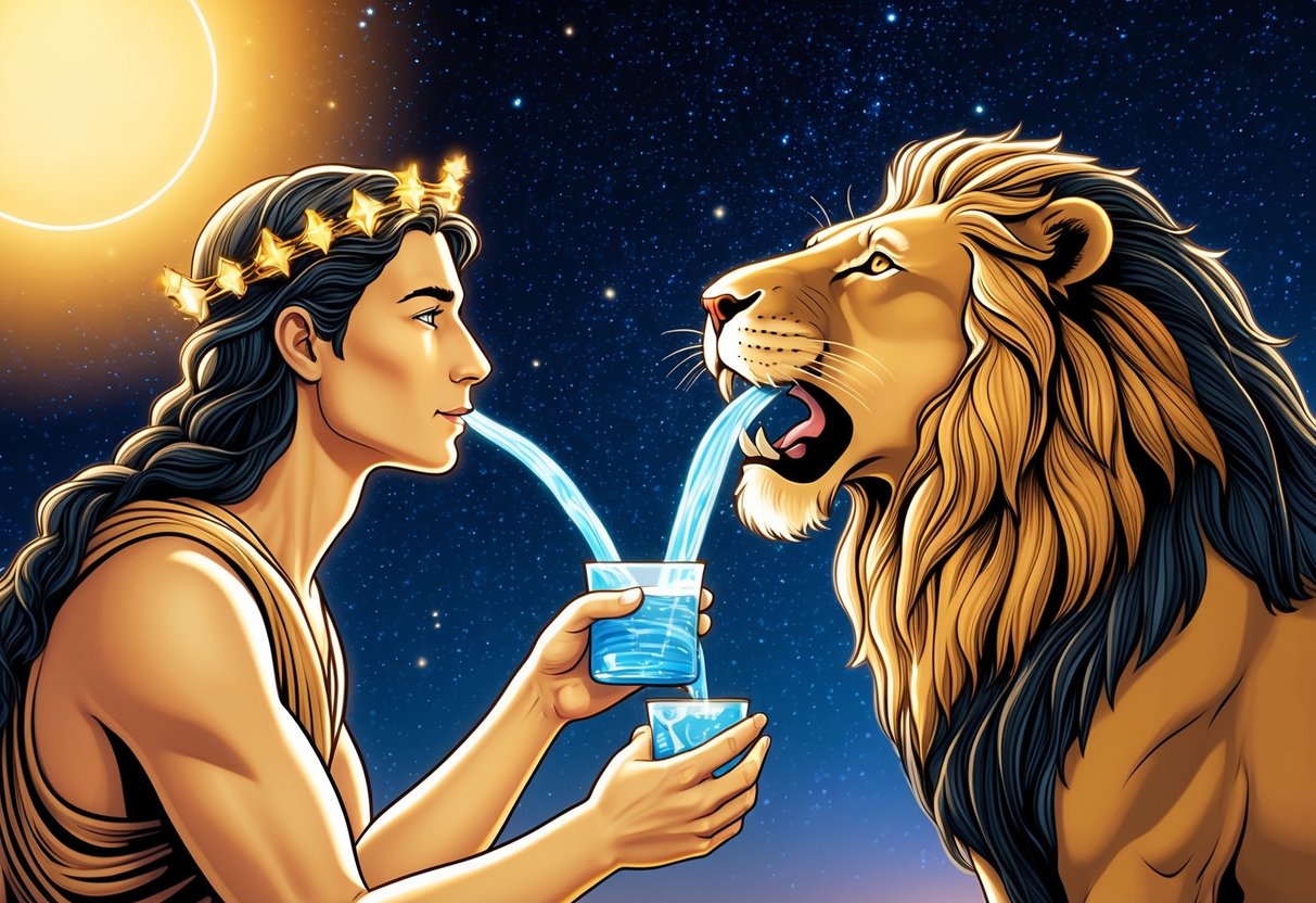 A starry sky with the Aquarius water bearer pouring water into the Leo lion's mouth, both surrounded by a warm, glowing aura