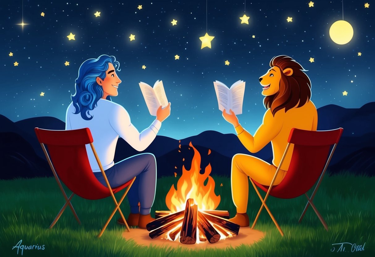 An Aquarius and a Leo sitting under a starry night sky, sharing stories and laughter around a crackling bonfire