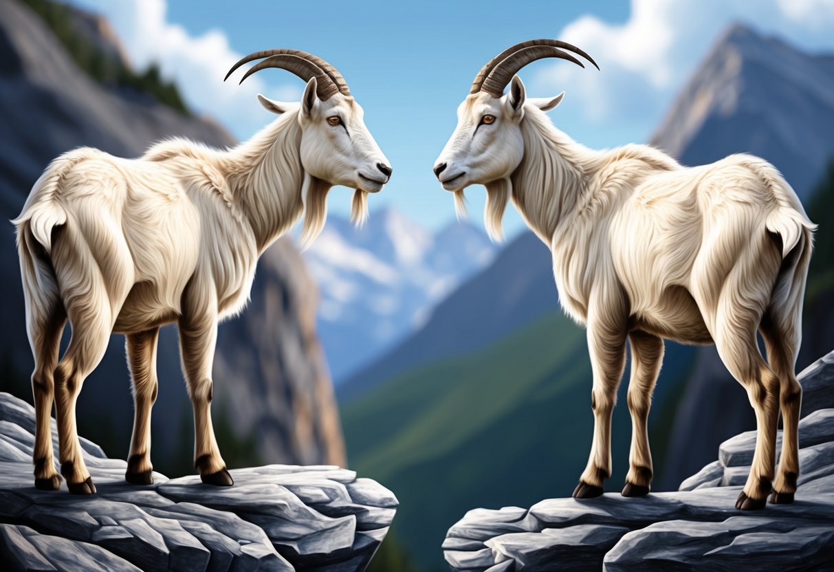 Two mountain goats standing strong on a rocky cliff, facing each other with determination and ambition in their eyes