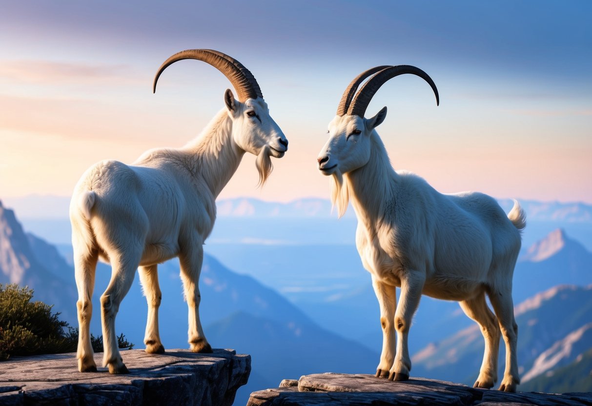 Two mountain goats standing on a rocky cliff, their horns intertwined as they gaze out at the vast horizon together