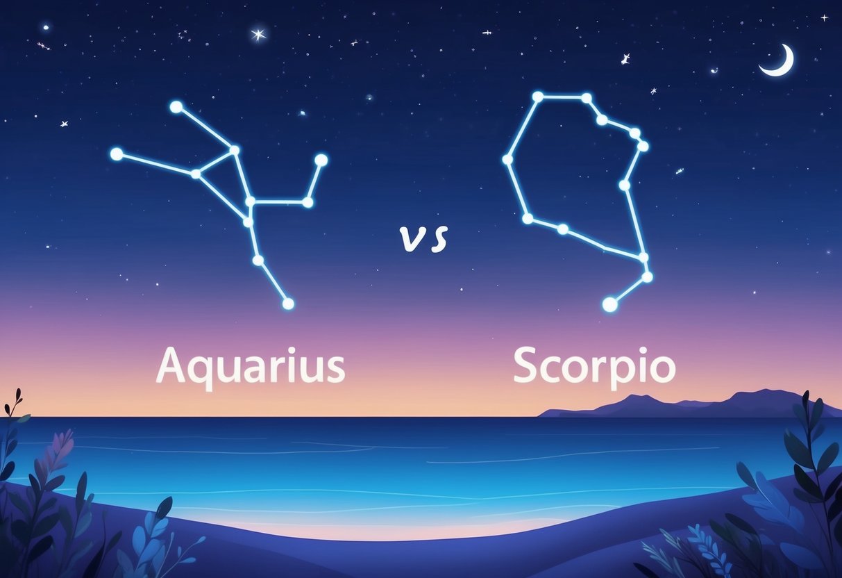 A serene night sky with the constellations of Aquarius and Scorpio shining brightly, symbolizing the long-term perspective of their compatibility