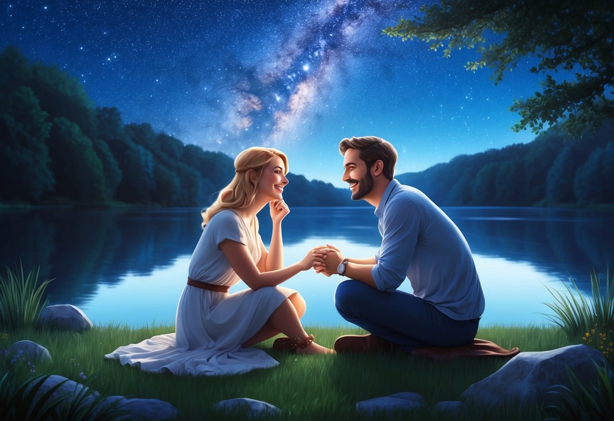 An Aquarius and Scorpio sitting by a tranquil lake, sharing deep conversation and laughter under a starry night sky