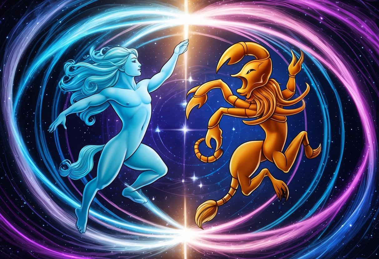 An Aquarius and Scorpio symbolically clash in a celestial dance, their zodiac signs swirling around each other in a cosmic display of compatibility