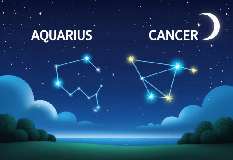 Aquarius and Cancer constellations in a night sky with a crescent moon