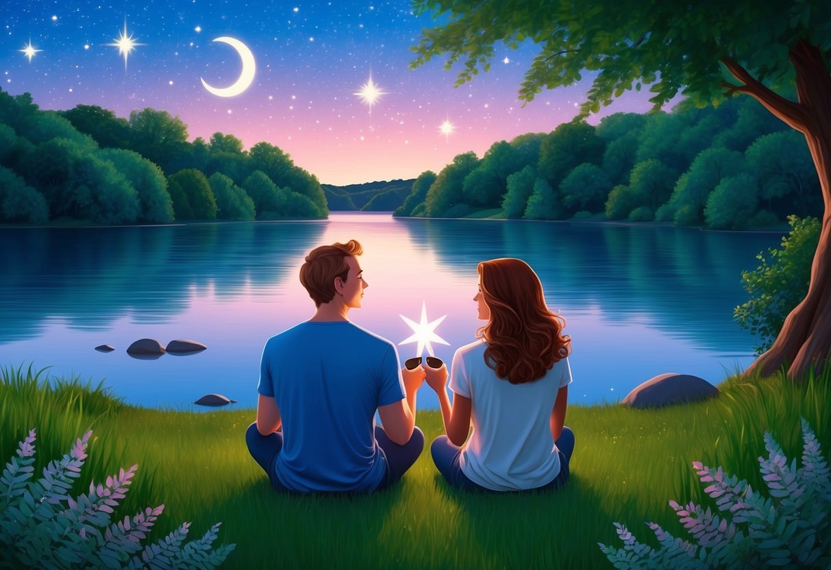 An Aquarius and Cancer enjoying a peaceful evening stargazing together by a calm lake, surrounded by lush greenery