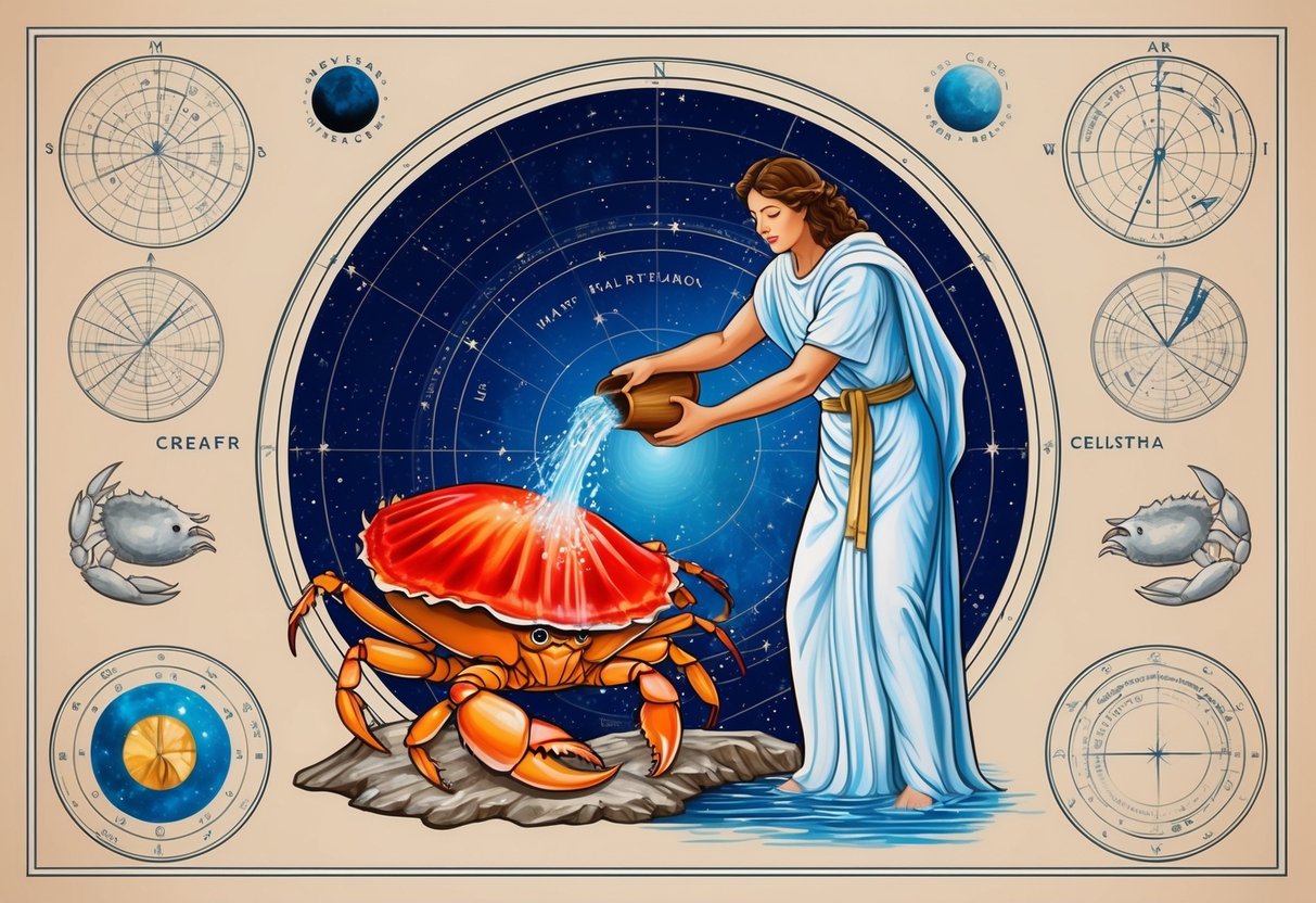 A water bearer pours into a crab's shell, surrounded by celestial symbols and charts