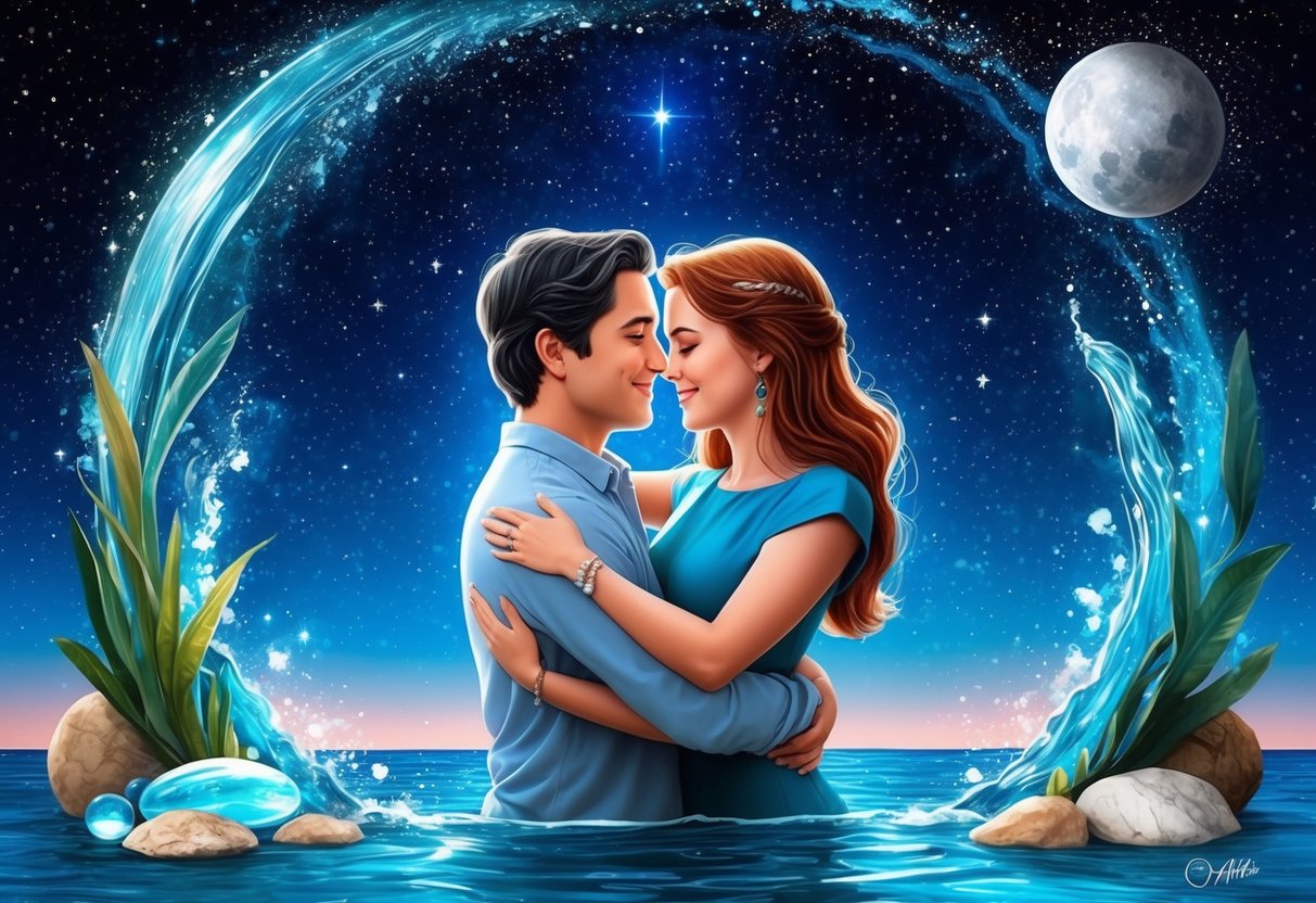 A Cancer and Aquarius embracing under a starry night sky, surrounded by a mix of water and earth elements