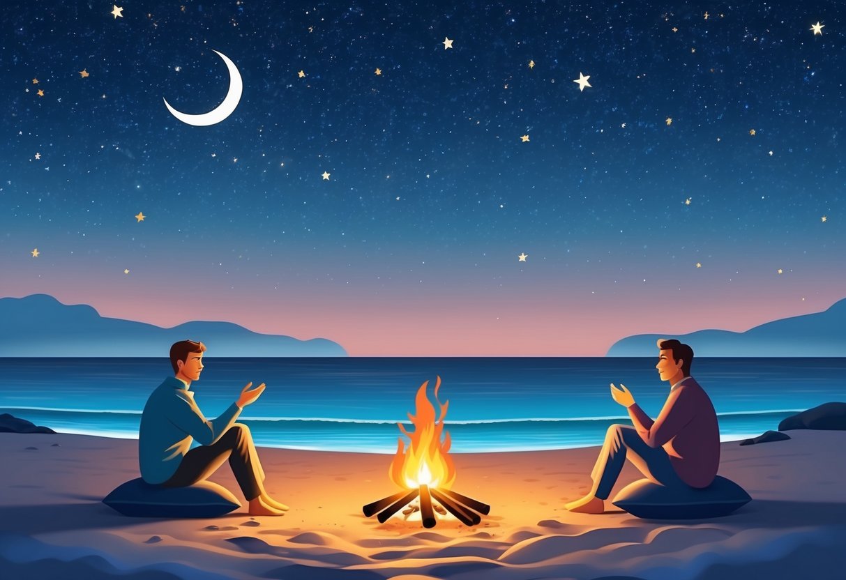 A serene beach with a calm ocean under a starry night sky, with a bonfire and two figures sitting together, engaged in deep conversation