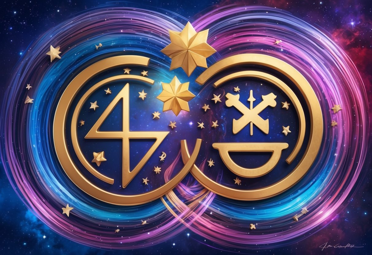 An Aquarius and Cancer symbol surrounded by swirling zodiac signs, with a backdrop of stars and galaxies