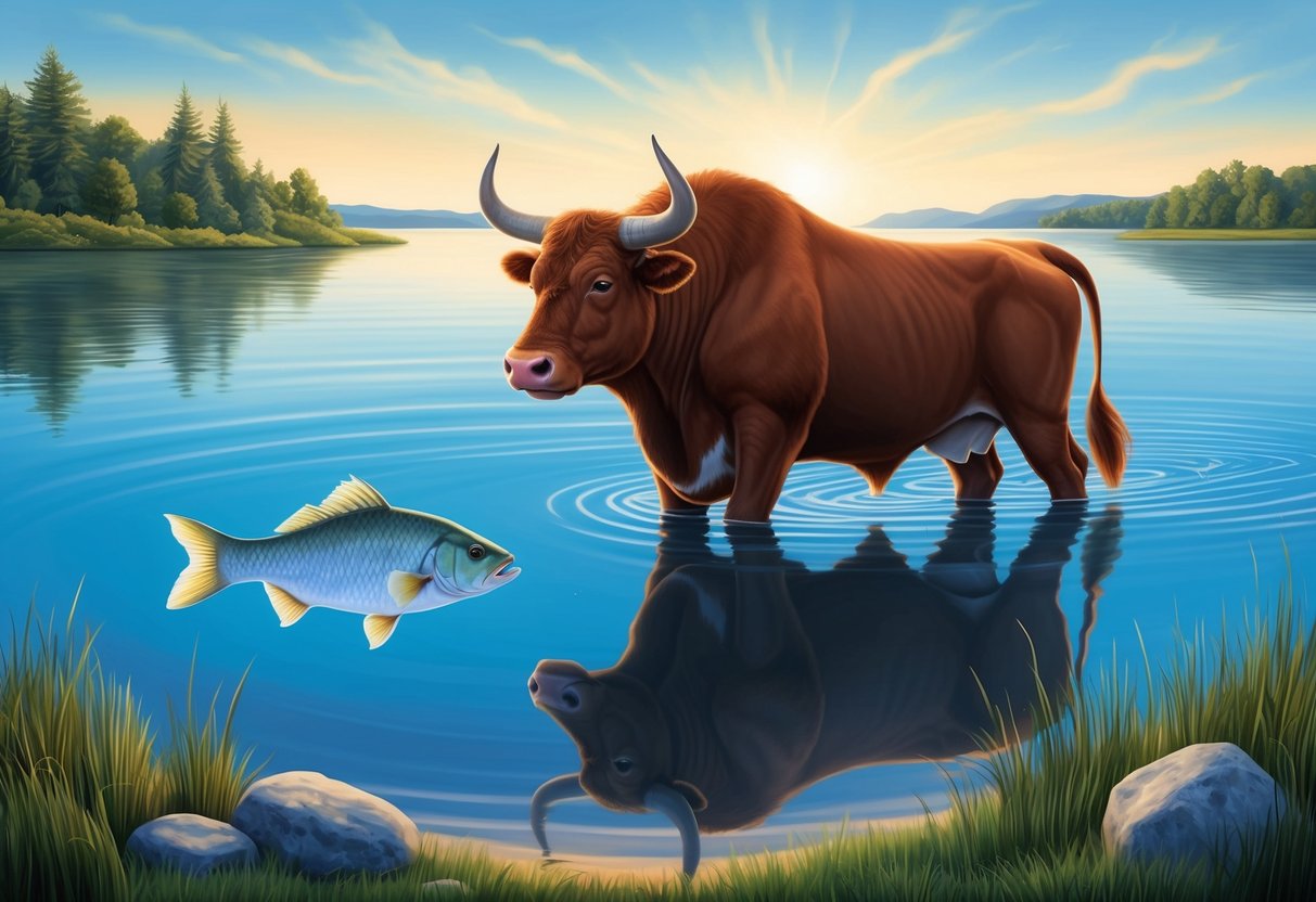 A serene lake with a gentle Pisces fish swimming alongside a sturdy Taurus bull, symbolizing the strengths and challenges of their compatibility